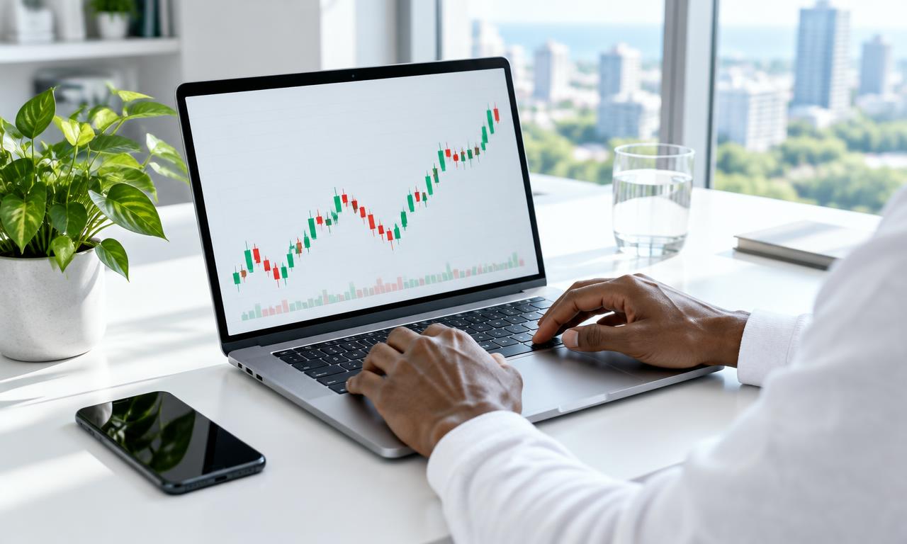 A bright trading workspace with a laptop showing a financial chart